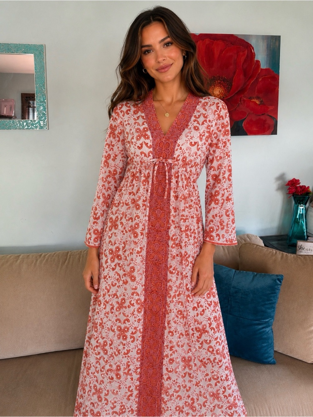 Boho Maxi Dress Sulu Collection Resort Cottage Embroidered Floral Size L Large